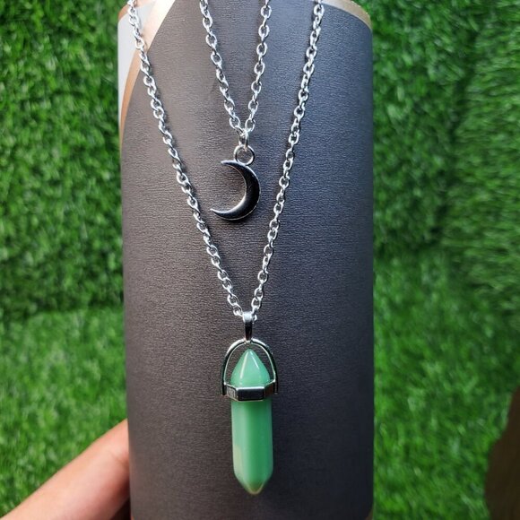 Layered Moon an Healing Green Aventurine Crystal Stone Pendant Necklace, BS41088 - Picture 1 of 15